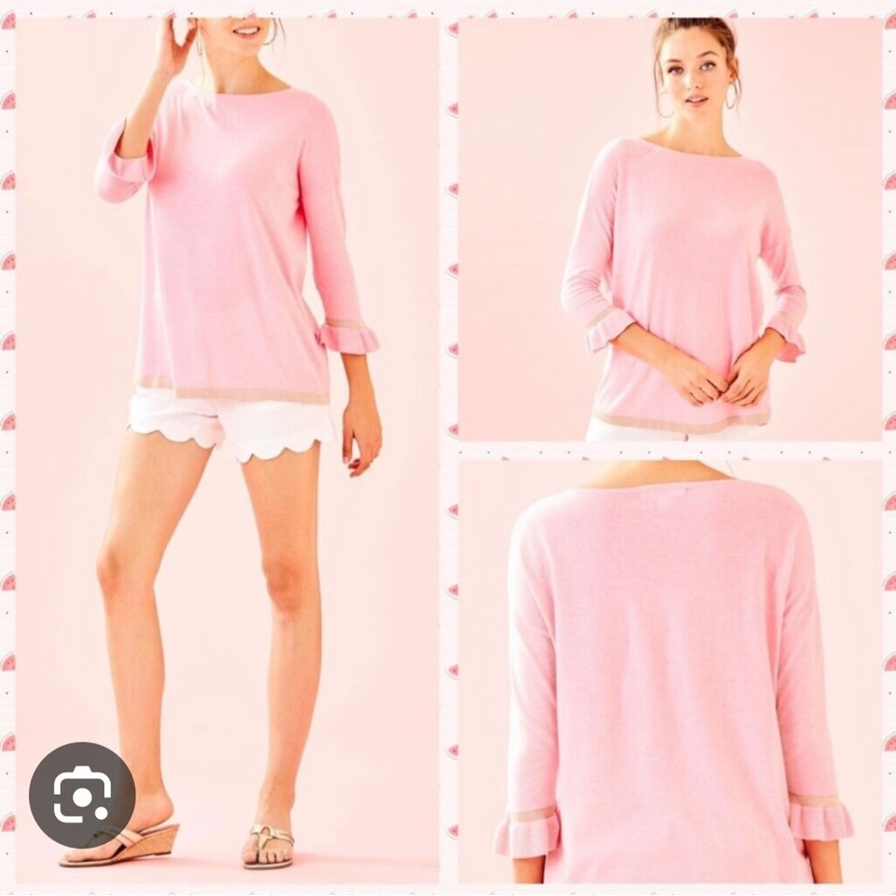 Lilly Pulitzer Charla pink top with gold trimming. Size XS. 3/4 sleeves.